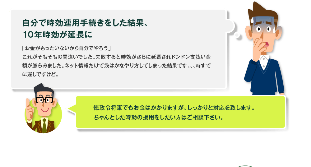 自分で時効連用手続きをした結果、10年時効が延長に 「お金がもったいないから自分でやろう」これがそもそもの間違いでした。失敗すると時効がさらに延長されドンドン支払い金額が膨らみました。ネット情報だけで浅はかなやり方してしまった結果です、、、時すでに遅しですけど。徳政令将軍でもお金はかかりますが、しっかりと対応を致します。ちゃんとした時効の援用をしたい方はご相談下さい。